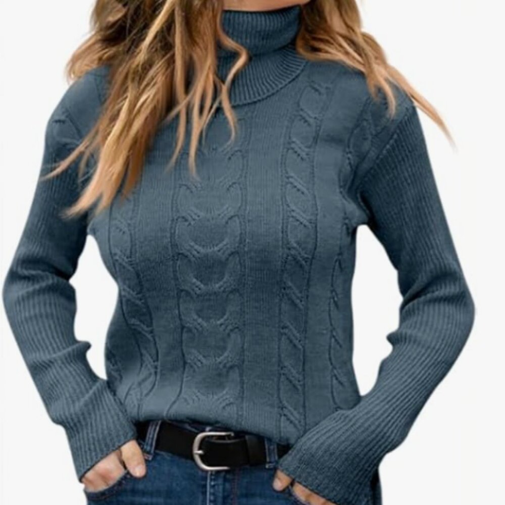 Langwyqu Womens' Turtleneck Long Sleeve Cable Knit Sweater - Size Medium